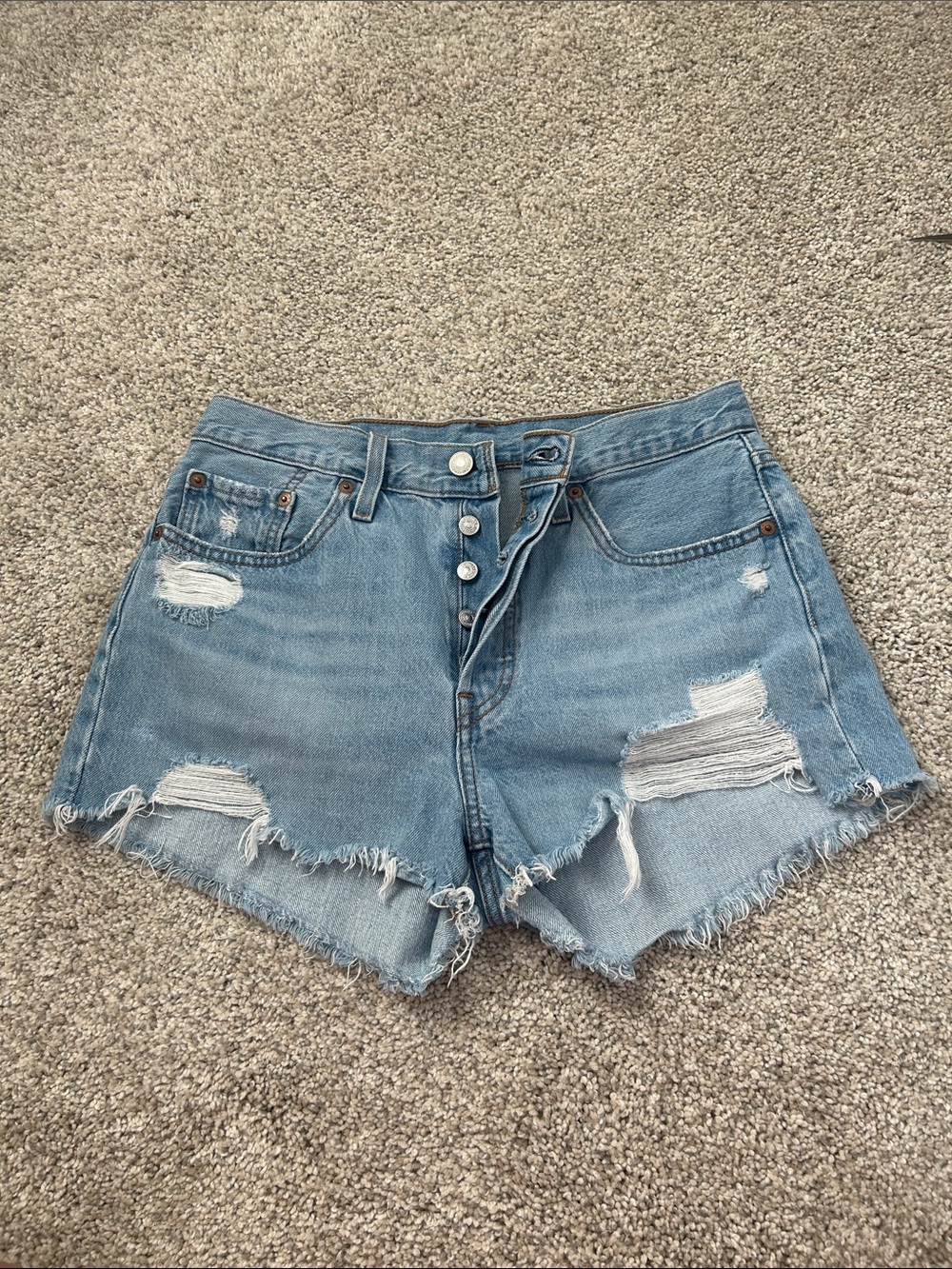 Levi's 501 Light Blue High-Waist Distressed Denim Shorts 26